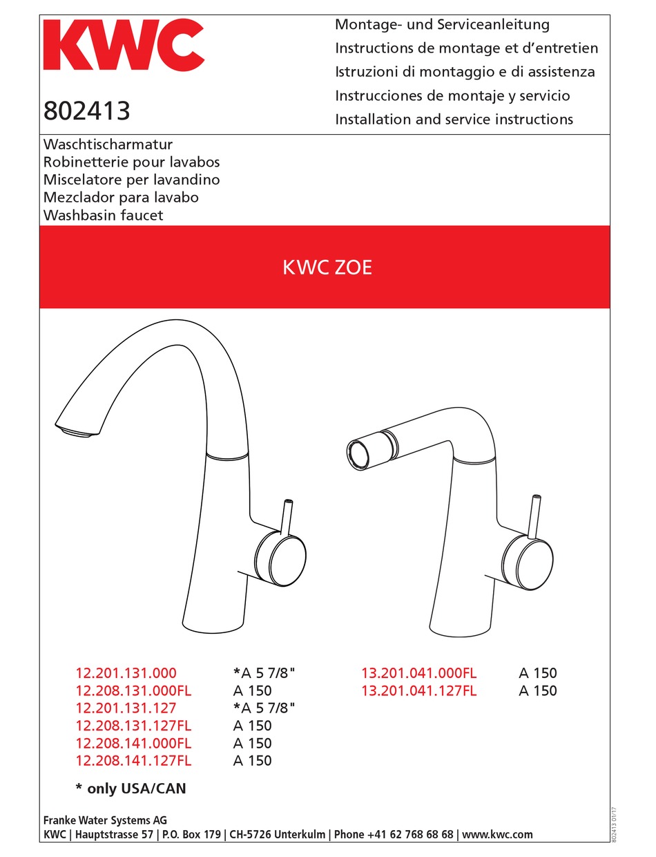 KWC ZOE 12.201.131.000 INSTALLATION AND SERVICE INSTRUCTIONS MANUAL Pdf