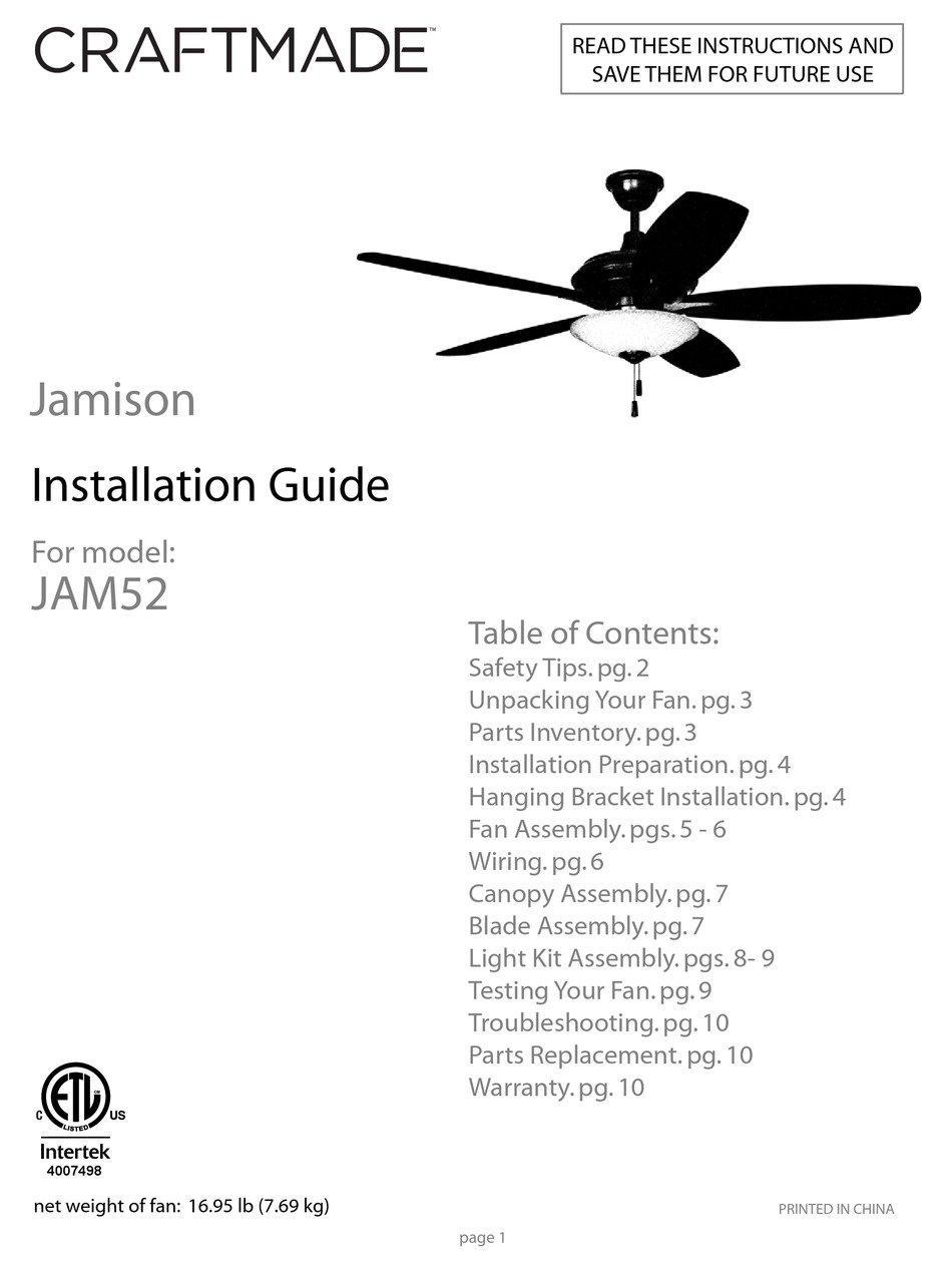 CRAFTMADE JAMISON JAM52 INSTALLATION MANUAL Pdf Download ManualsLib