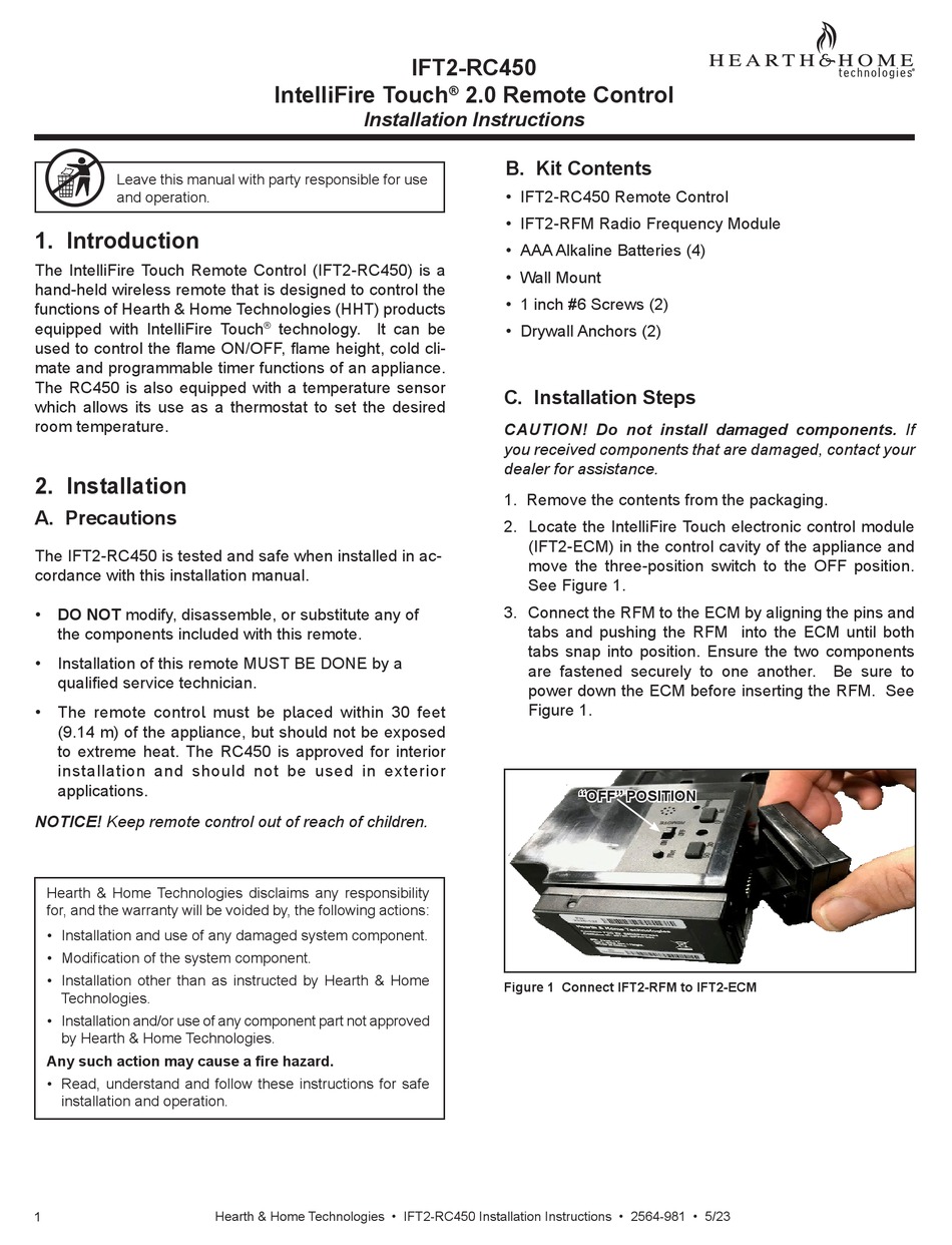 HEARTH & HOME INTELLIFIRE TOUCH IFT2-RC450 INSTALLATION INSTRUCTIONS ...