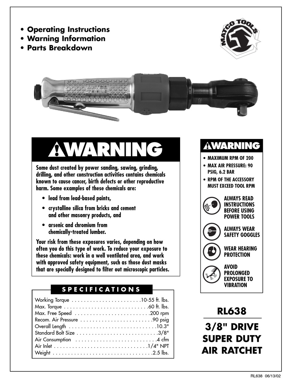 MATCO TOOLS RL638 OPERATING INSTRUCTIONS, WARNING INFORMATION, PARTS