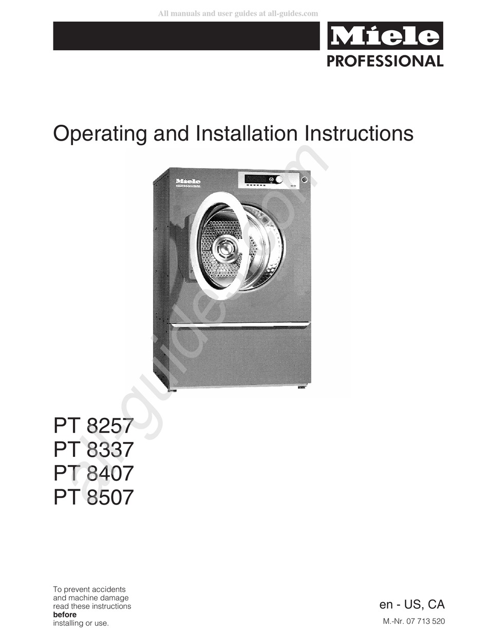 MIELE PROFESSIONAL PT 8337 OPERATING AND INSTALLATION INSTRUCTIONS Pdf ...