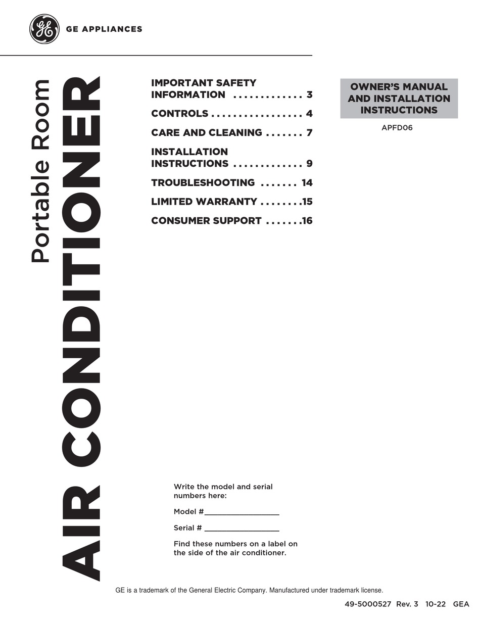 GE APFD06JASW OWNER'S MANUAL AND INSTALLATION INSTRUCTIONS Pdf Download