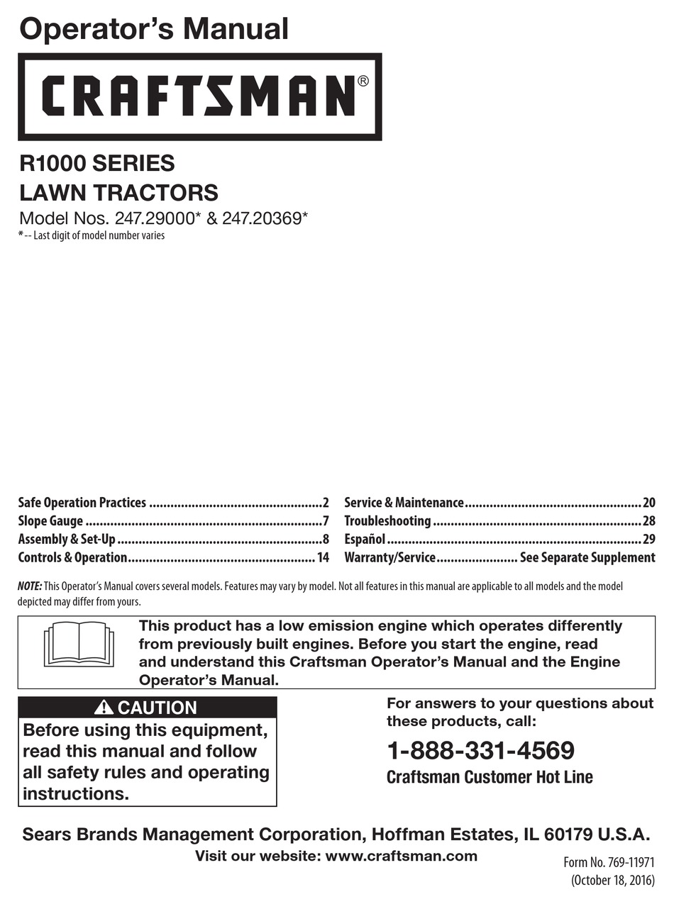 CRAFTSMAN R1000 SERIES OPERATOR