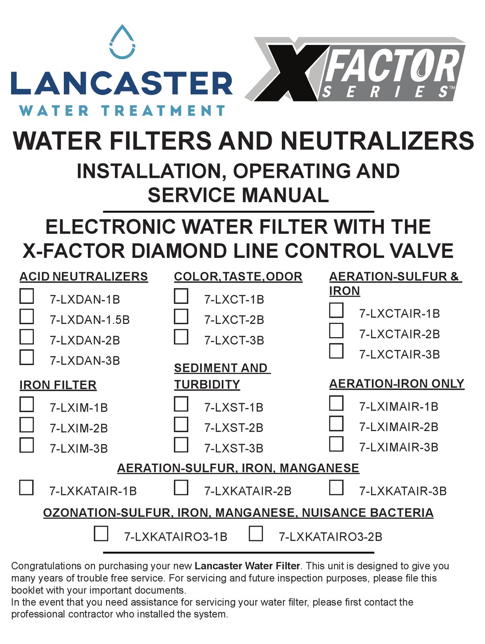 LANCASTER WATER TREATMENT 7LXDAN1B INSTALLATION, OPERATING AND