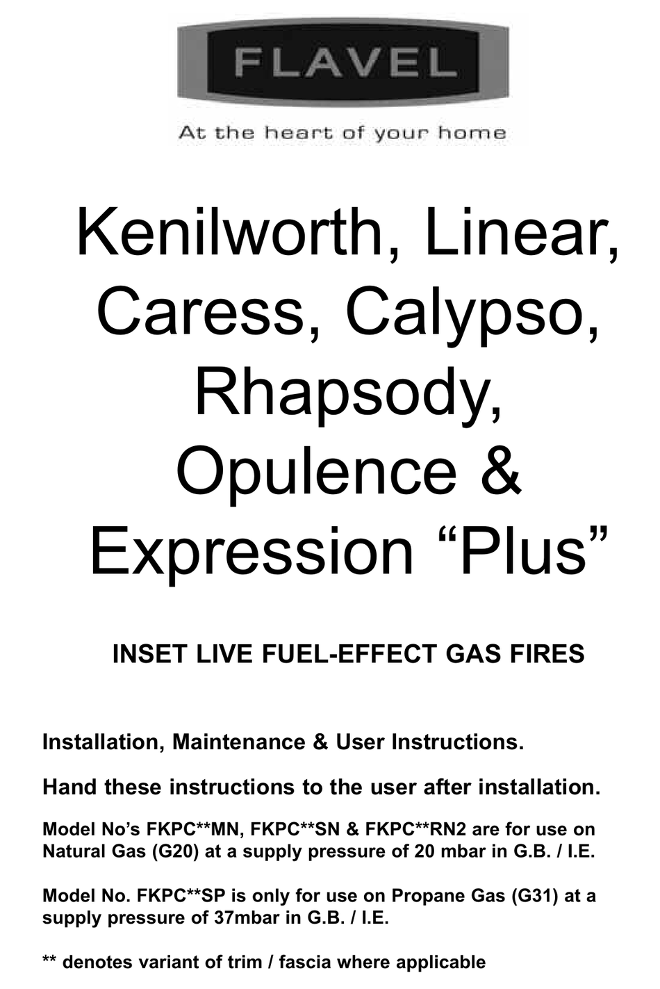 FLAVEL KENILWORTH INSTALLATION, MAINTENANCE & USER INSTRUCTIONS Pdf