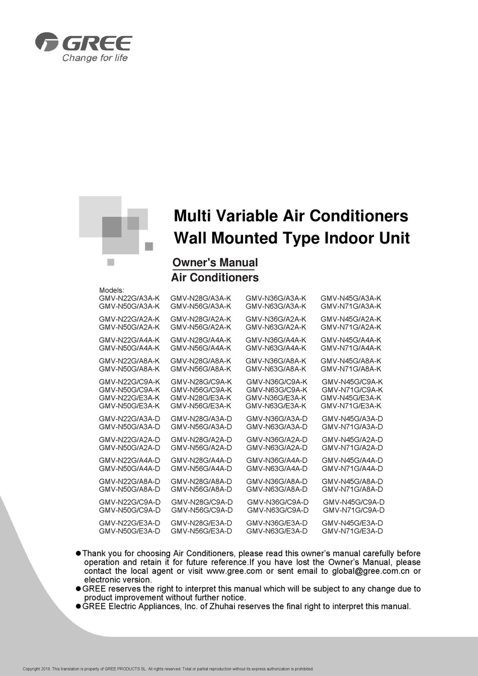 GREE GMV-N22G/A3A-K OWNER’S MANUAL Pdf Download | ManualsLib