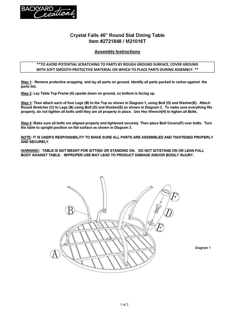 BACKYARD CREATIONS CRYSTAL FALLS M21016T ASSEMBLY INSTRUCTIONS Pdf