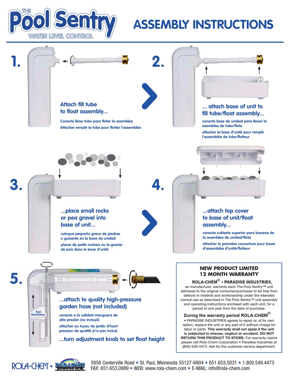 PARADISE ROLACHEM POOL SENTRY M3000 ASSEMBLY INSTRUCTIONS Pdf