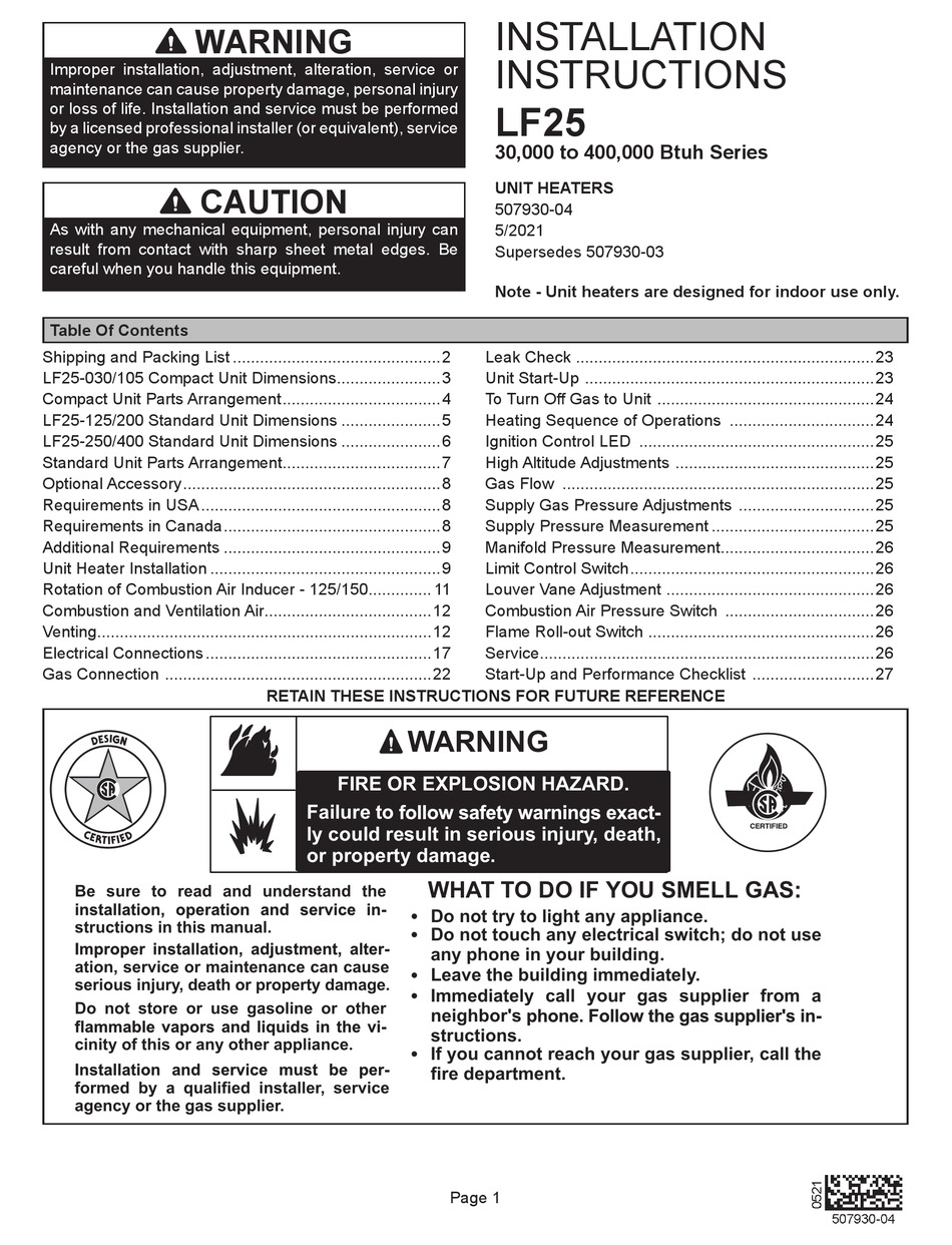 ADP LF25 SERIES INSTALLATION INSTRUCTIONS MANUAL Pdf Download ManualsLib