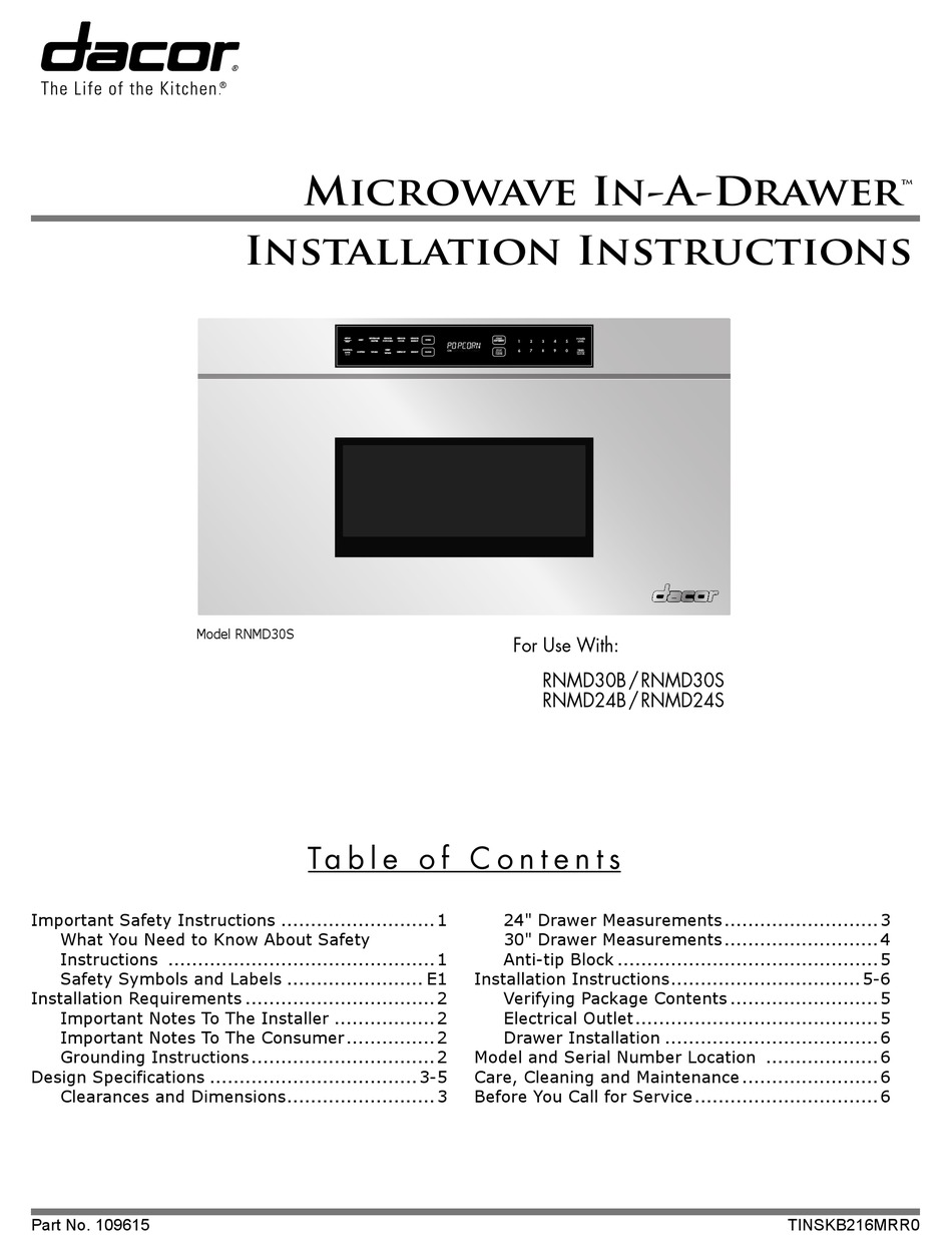 DACOR MICROWAVE INADRAWER RNMD24B INSTALLATION INSTRUCTIONS MANUAL