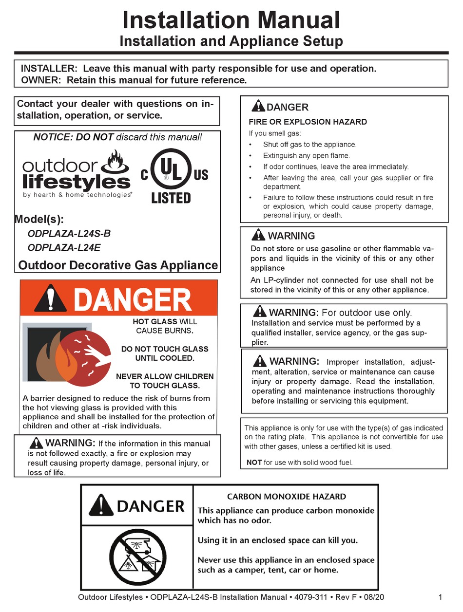 HEARTH AND HOME TECHNOLOGIES OUTDOOR LIFESTYLES ODPLAZAL24SB