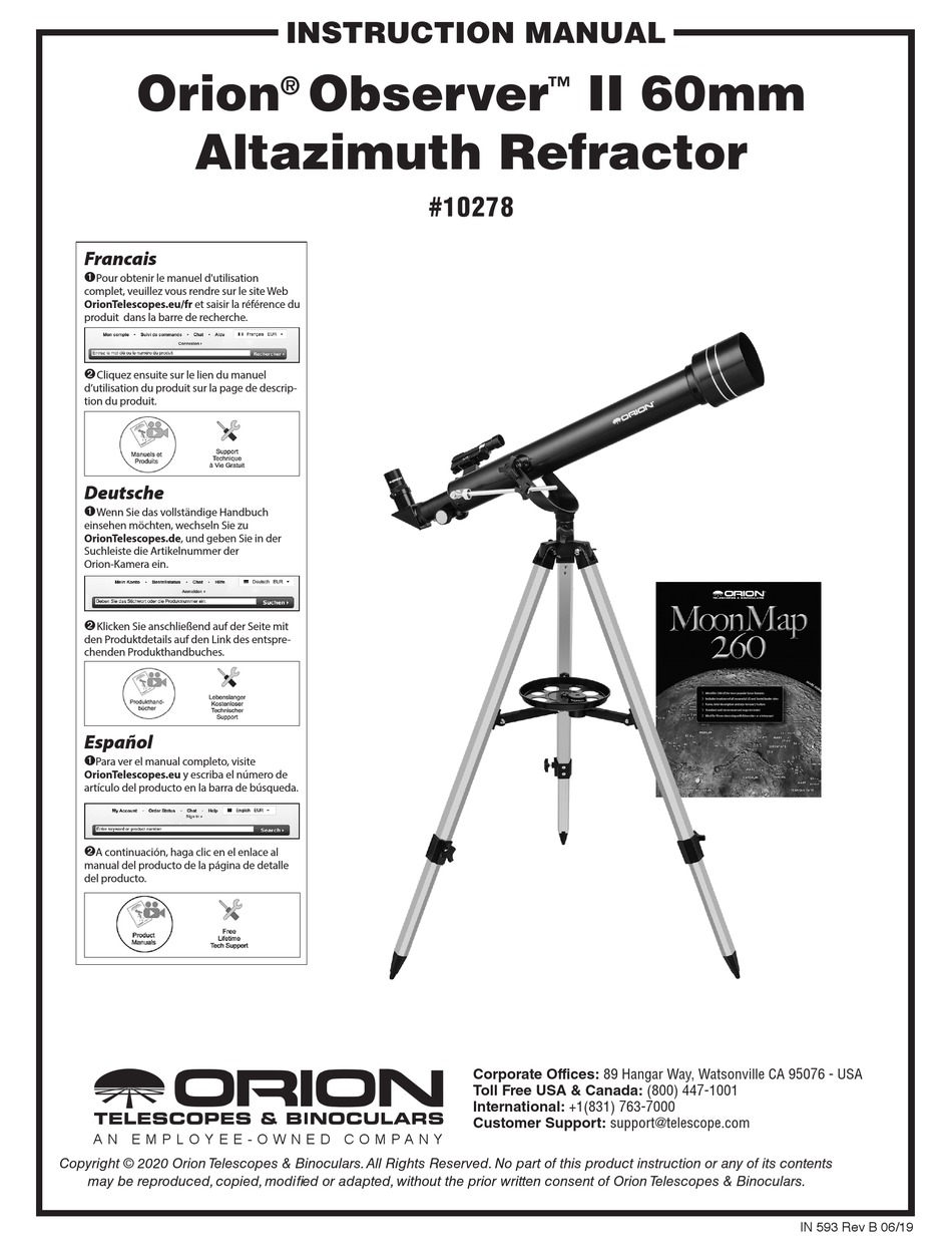 ORION TELESCOPES & BINOCULARS OBSERVER II 60MM INSTRUCTION MANUAL Pdf