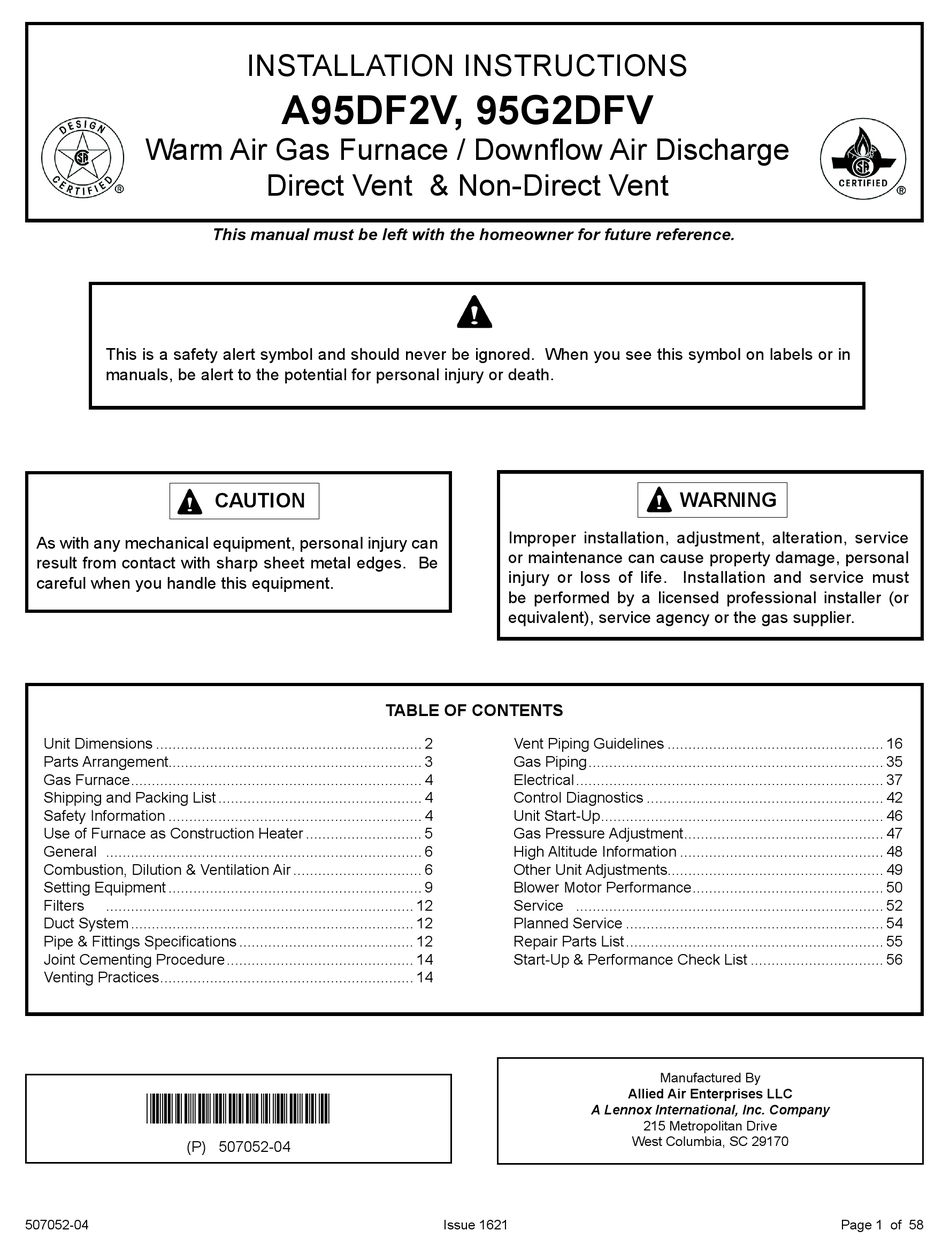 LENNOX ALLIED AIR ENTERPRISES A95DF2V INSTALLATION INSTRUCTIONS MANUAL