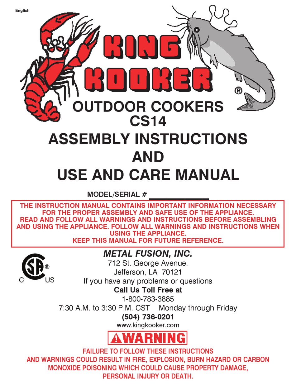 KING KOOKER CS14 ASSEMBLY INSTRUCTIONS AND USE AND CARE MANUAL Pdf