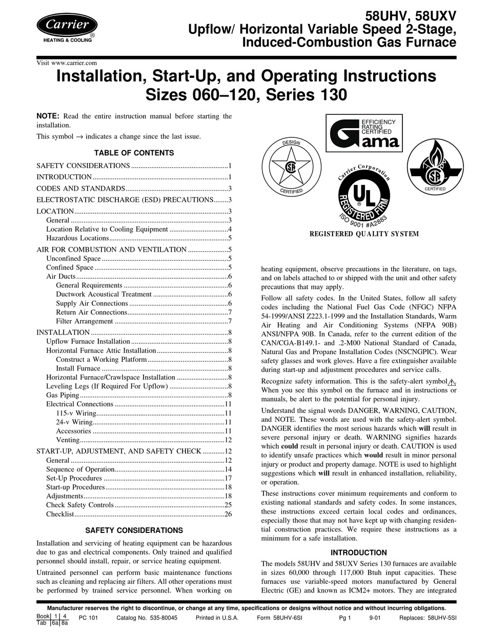 CARRIER 130 SERIES INSTALLATION, START-UP, AND OPERATING INSTRUCTIONS ...