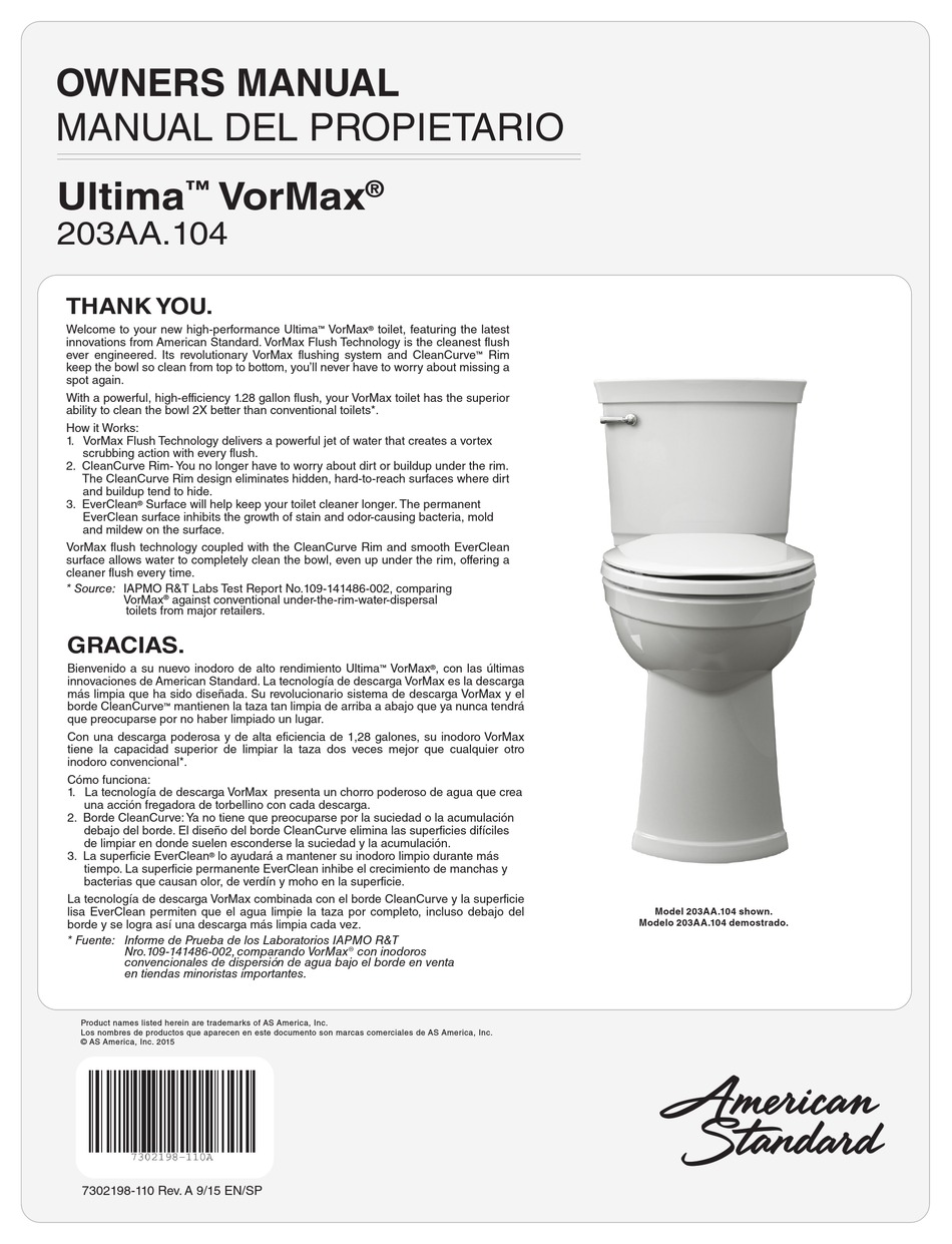 AMERICAN STANDARD ULTIMA VORMAX 203AA.104 OWNER