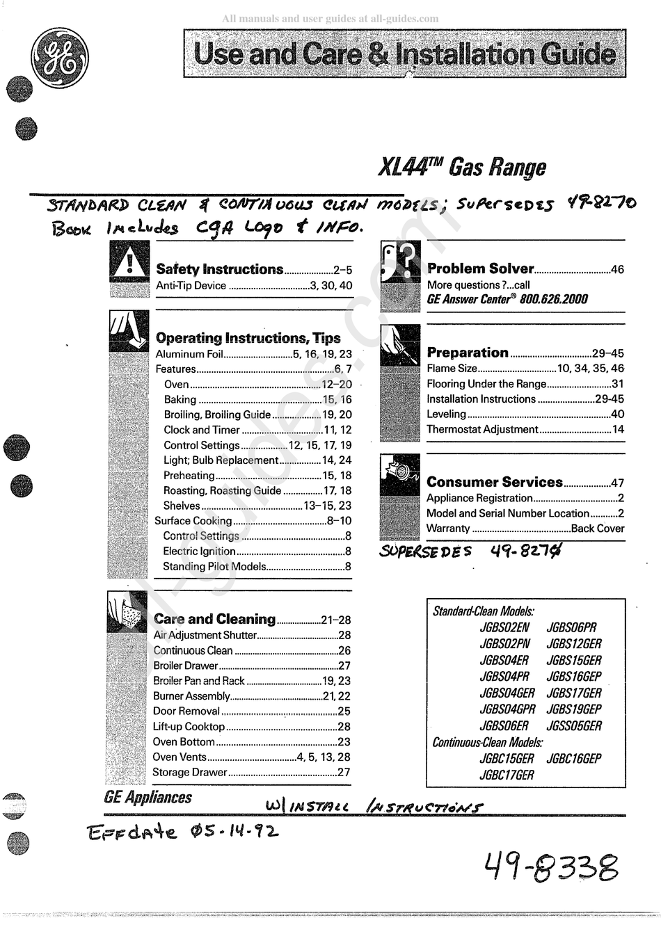 GE XL44 JGBS02EN USE AND CARE & INSTALLATION MANUAL Pdf Download ...