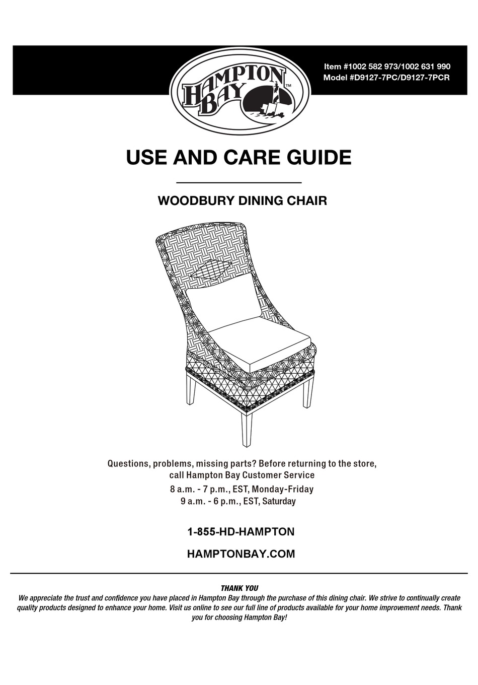 HAMPTON BAY WOODBURY D9127-7PC USE AND CARE MANUAL Pdf Download ...