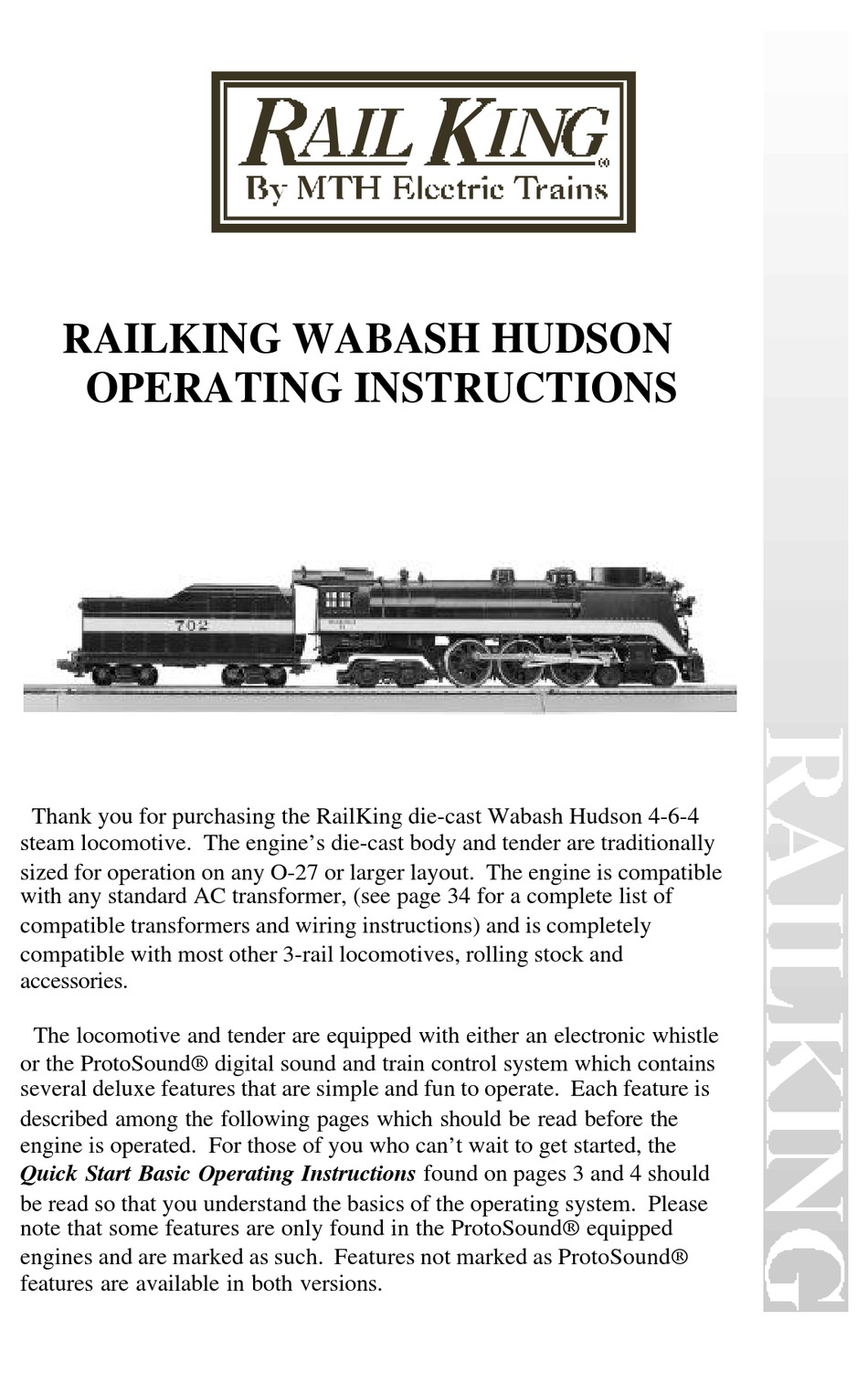 MTHTRAINS RAIL KING WABASH HUDSON 464 OPERATING INSTRUCTIONS MANUAL