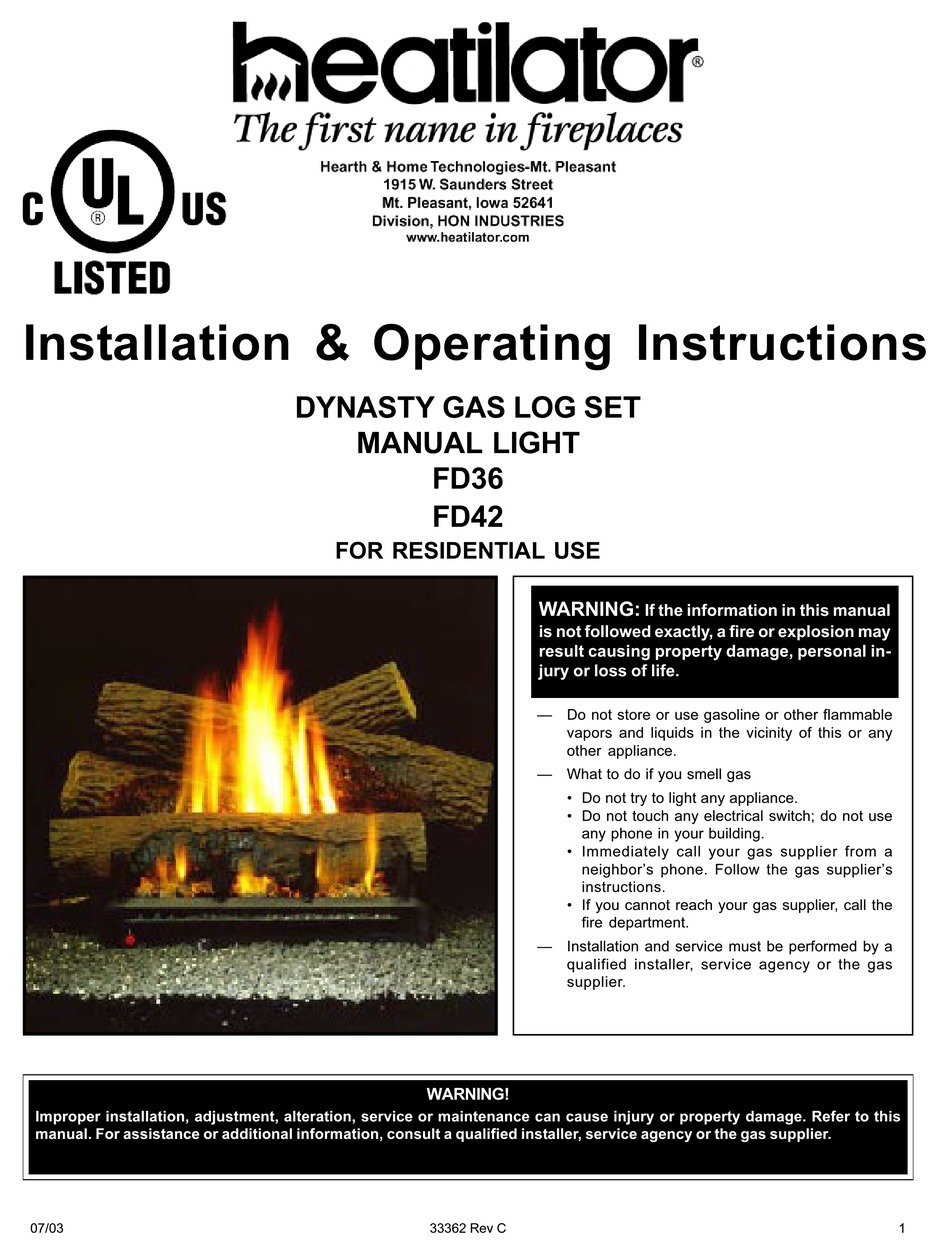 HEARTH AND HOME TECHNOLOGIES HEATILATOR DYNASTY FD36 INSTALLATION AND