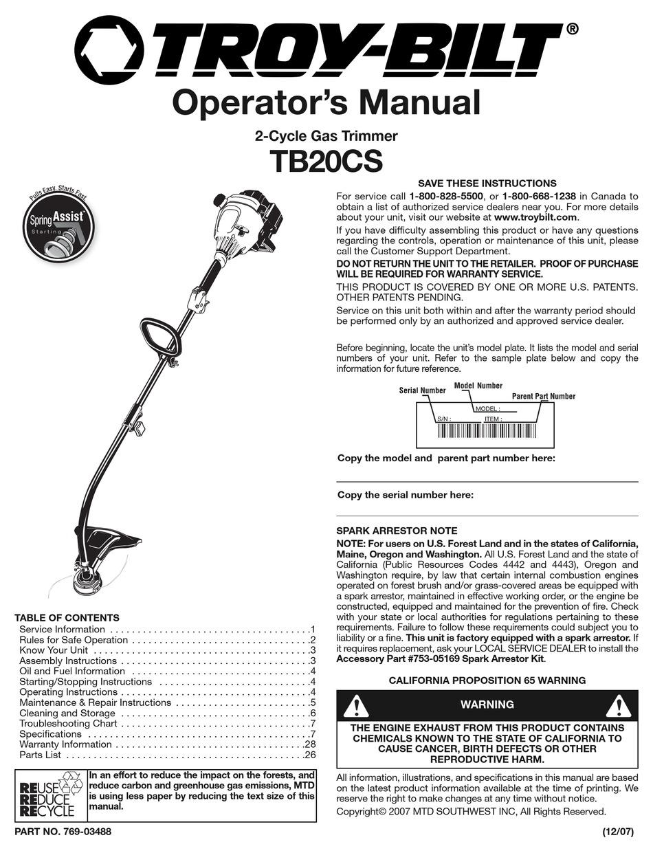 TROY-BILT TB20CS OPERATOR'S MANUAL Pdf Download | ManualsLib