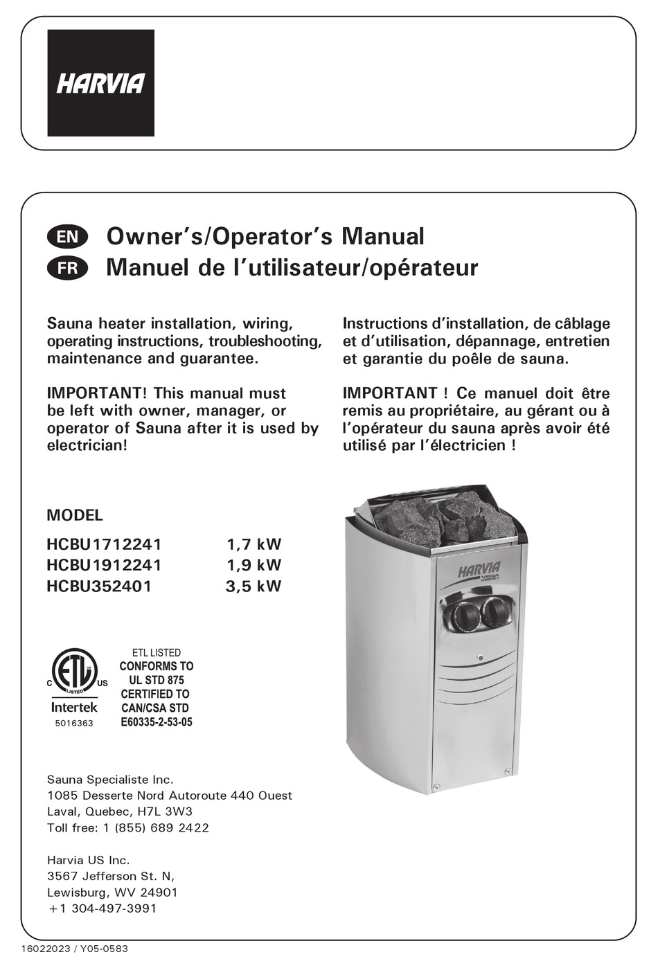 HARVIA VEGA OWNER'S/OPERATOR'S MANUAL Pdf Download | ManualsLib