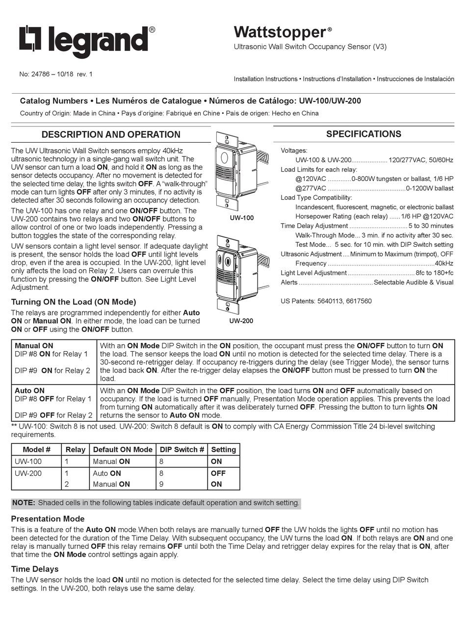 LEGRAND WATTSTOPPER UW-200 INSTALLATION INSTRUCTIONS Pdf Download ...