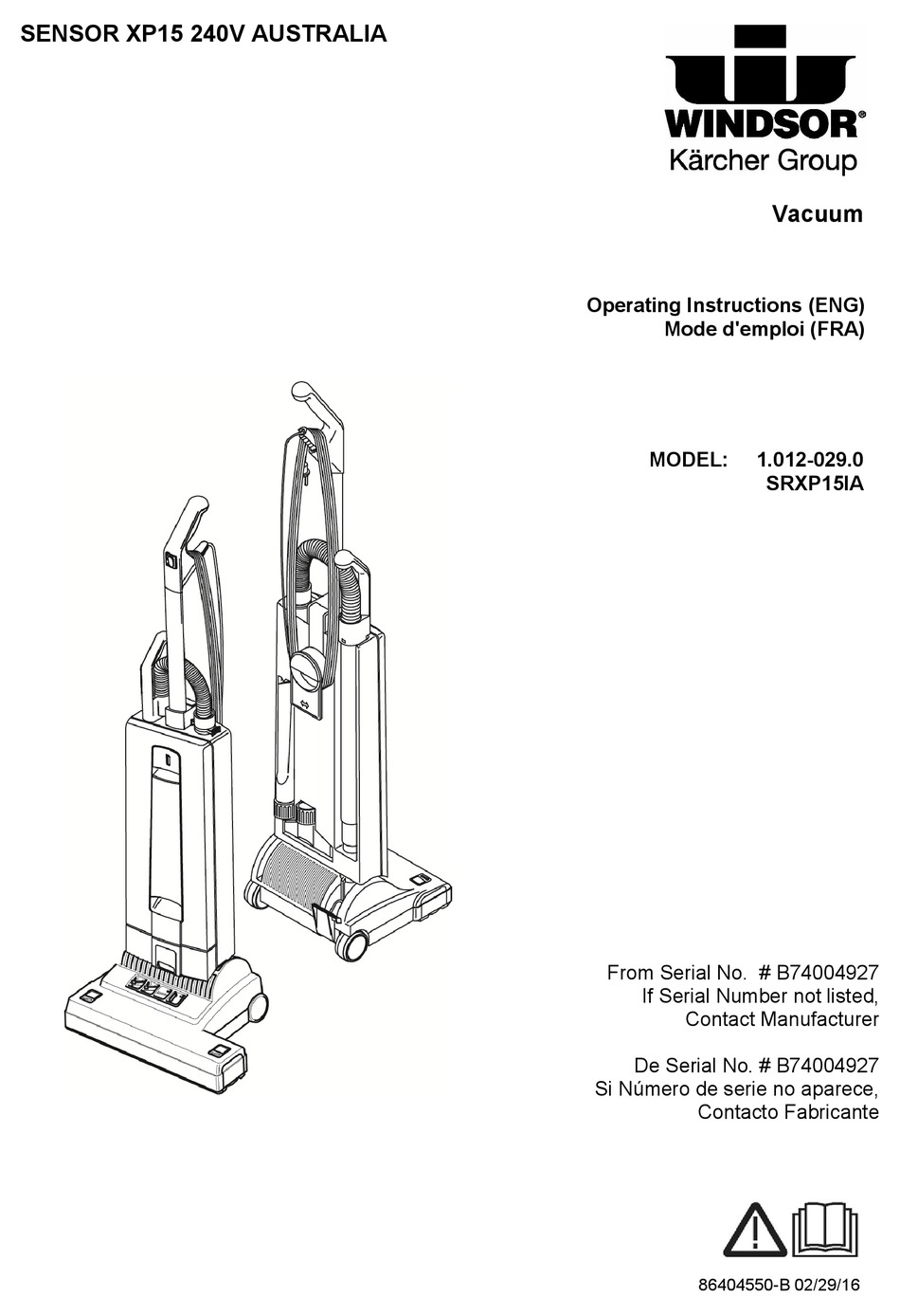 WINDSOR SENSOR XP15 240V AUSTRALIA OPERATING INSTRUCTIONS MANUAL Pdf