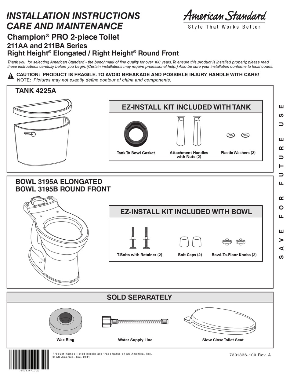 AMERICAN STANDARD CHAMPION PRO 211BA SERIES INSTALLATION INSTRUCTIONS ...