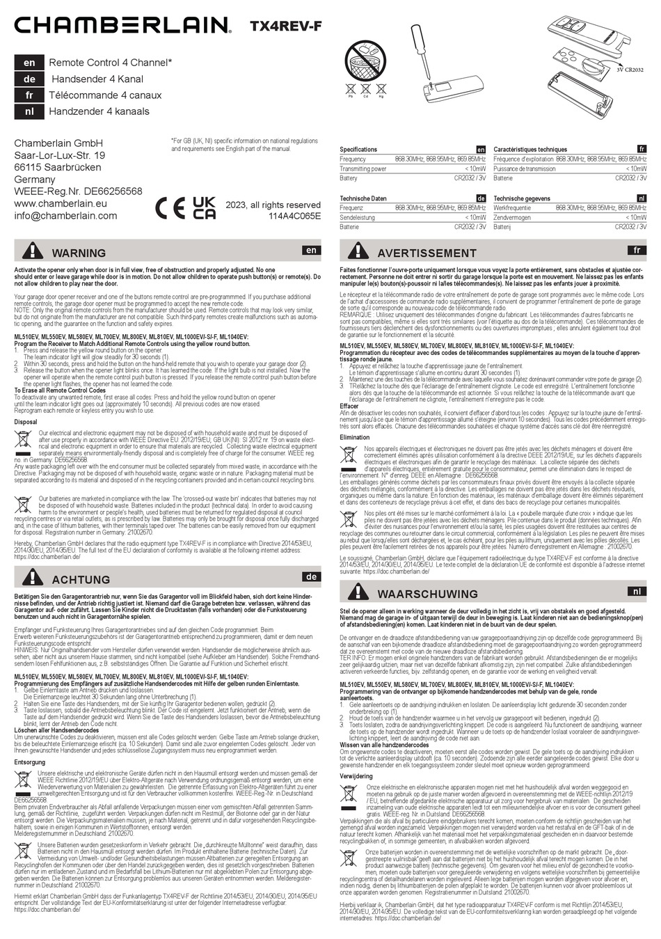 CHAMBERLAIN TX4REV-F INSTRUCTION MANUAL Pdf Download | ManualsLib