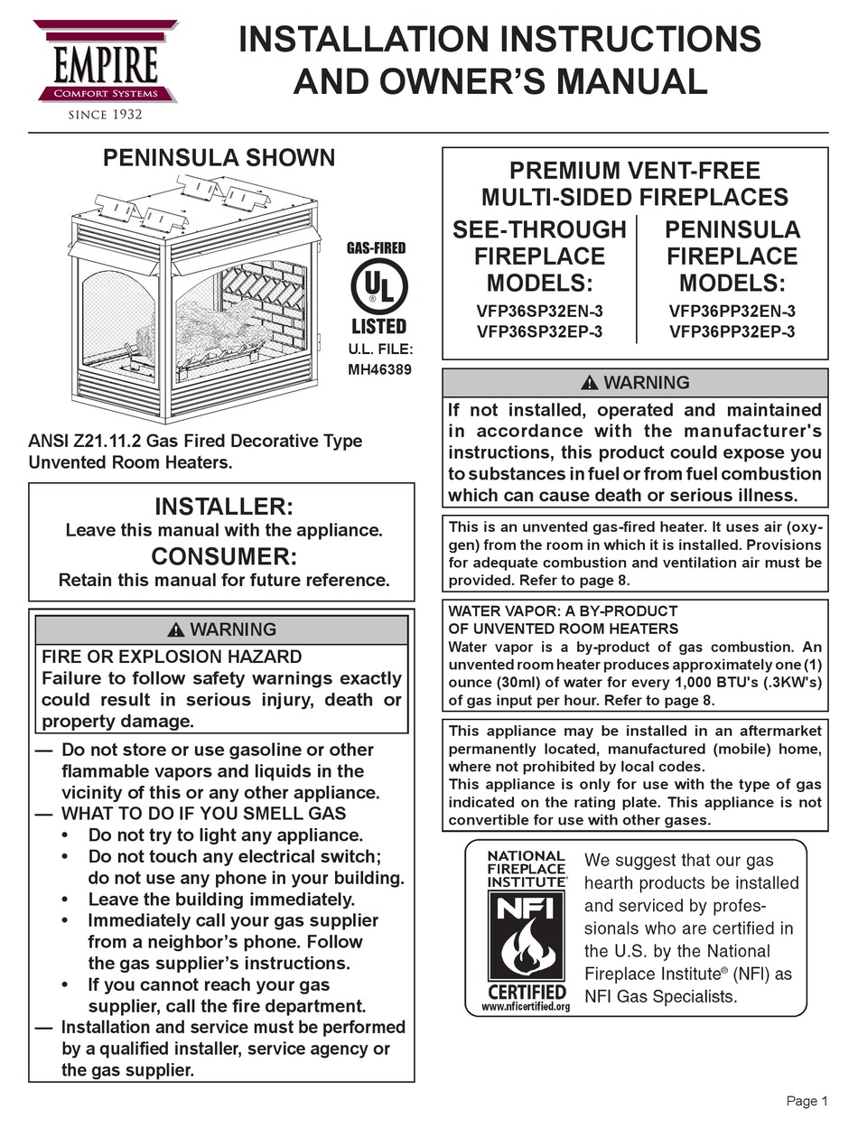 EMPIRE COMFORT SYSTEMS VFP36SP32EN3 INSTALLATION INSTRUCTIONS AND