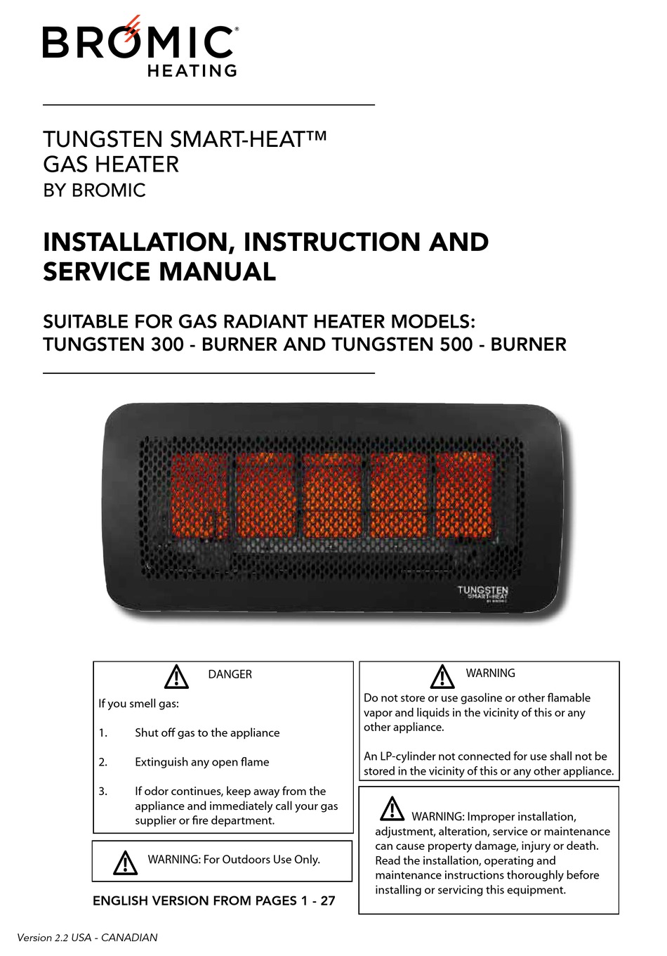 BROMIC HEATING BH3030012 INSTALLATION, INSTRUCTION AND SERVICE MANUAL