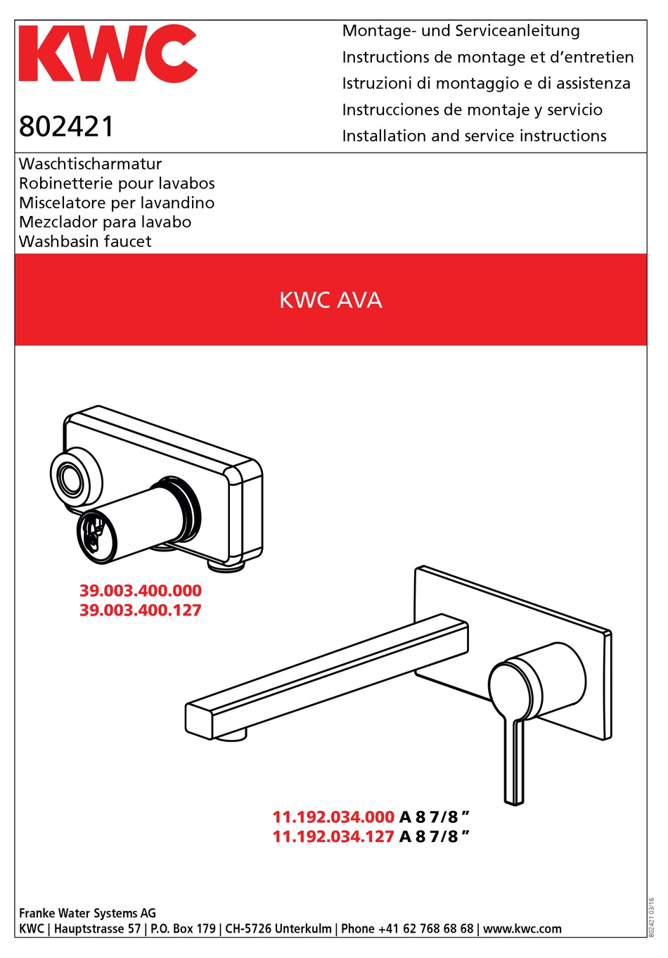 KWC AVA 39.003.400.000 INSTALLATION AND SERVICE INSTRUCTIONS MANUAL Pdf