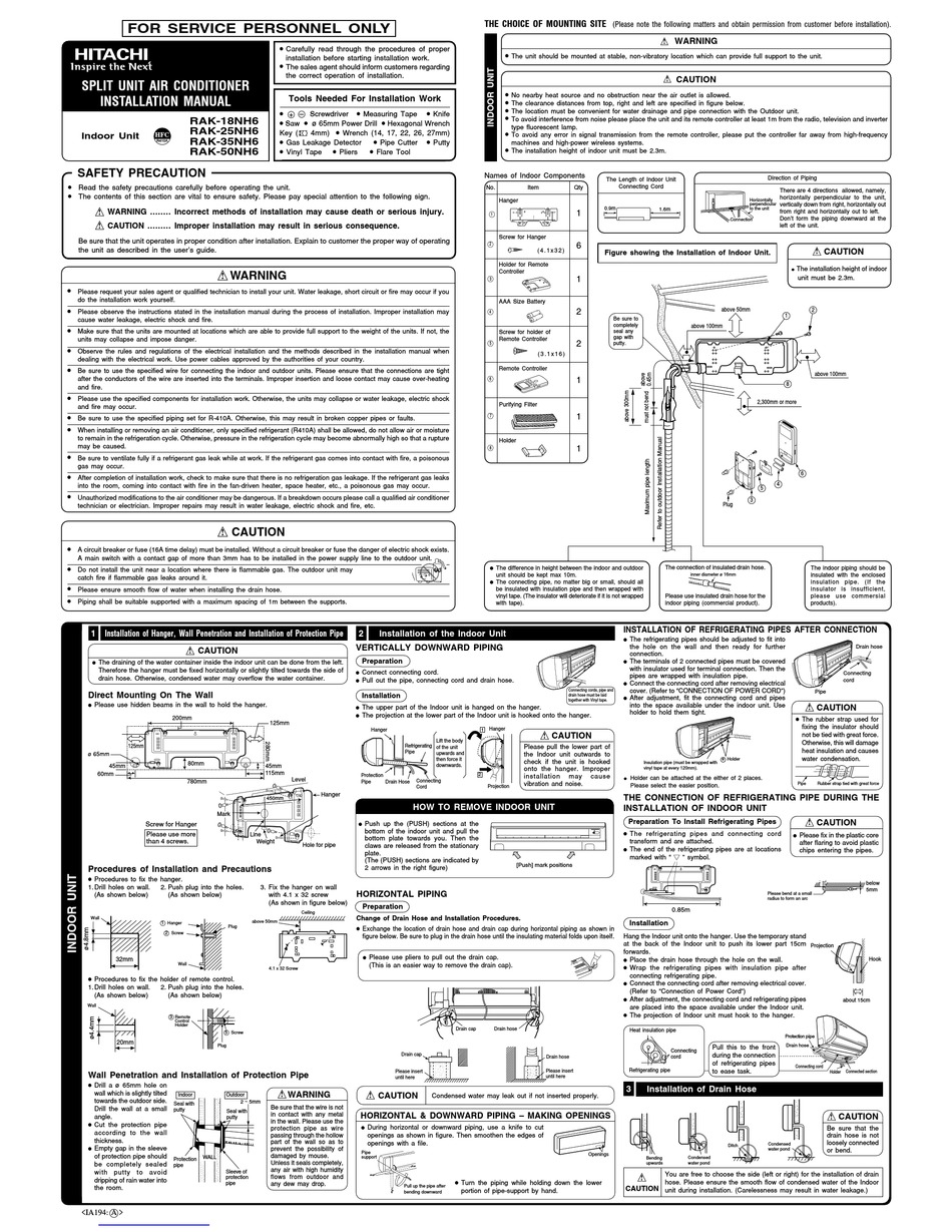 HITACHI RAK-35NH6 INSTALLATION MANUAL Pdf Download | ManualsLib