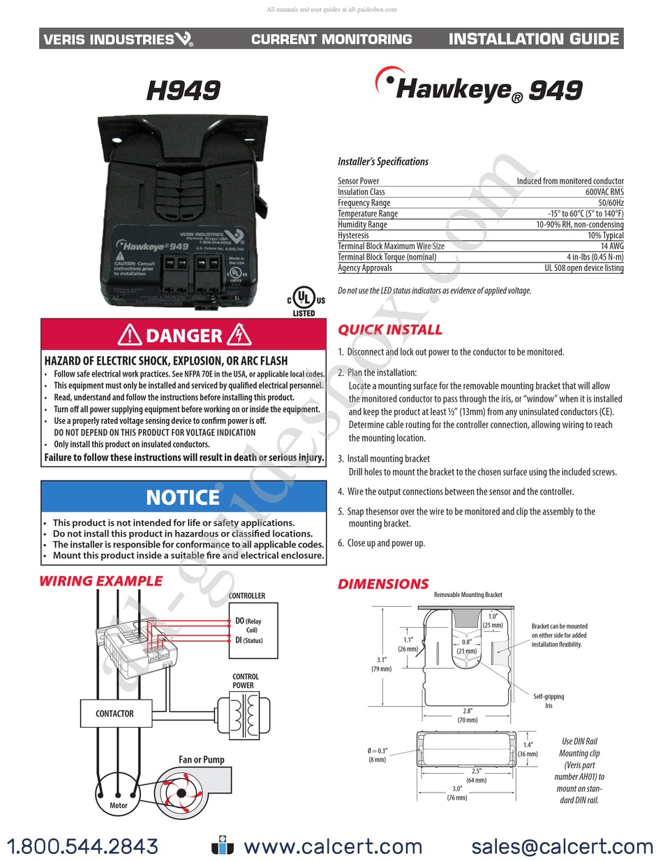 VERIS INDUSTRIES HAWKEYE H949 INSTALLATION MANUAL Pdf Download | ManualsLib