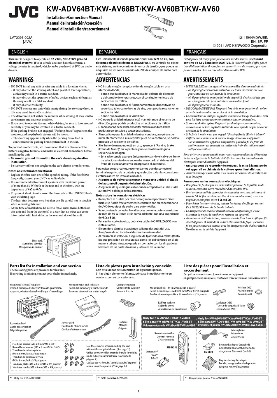 JVC KW-ADV64BT INSTALLATION & CONNECTION MANUAL Pdf Download | ManualsLib