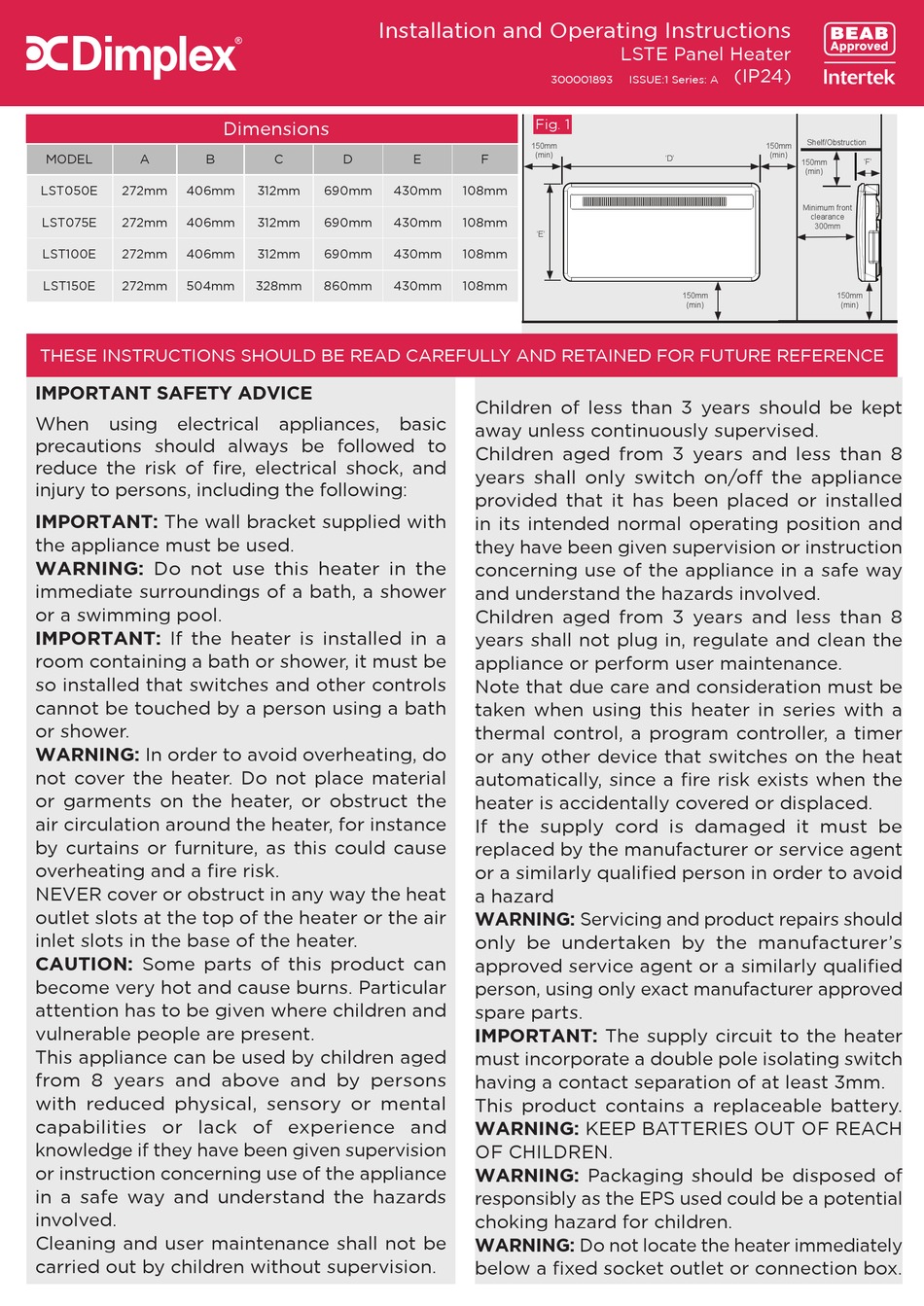 DIMPLEX LSTE INSTALLATION AND OPERATING INSTRUCTIONS Pdf Download