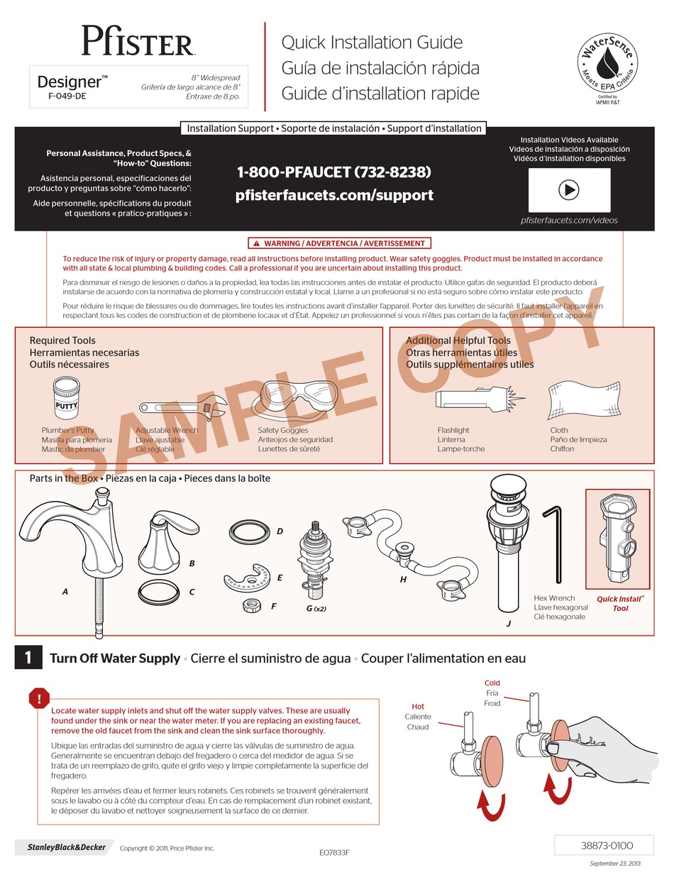 PFISTER DESIGNER F 049 DE QUICK INSTALLATION MANUAL Pdf Download   Pfister Designer F 049 De 