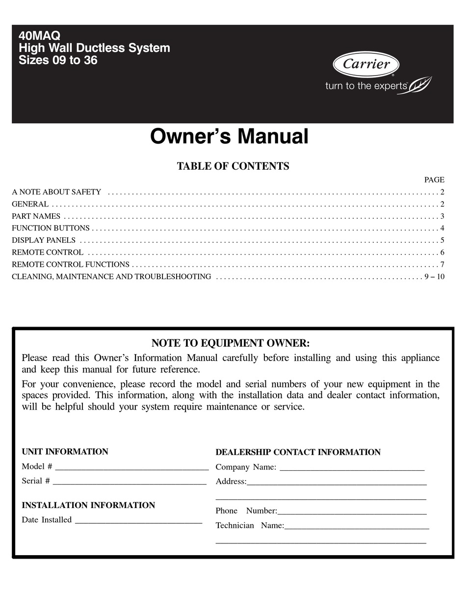 CARRIER 40MAQ MANUAL Pdf Download ManualsLib