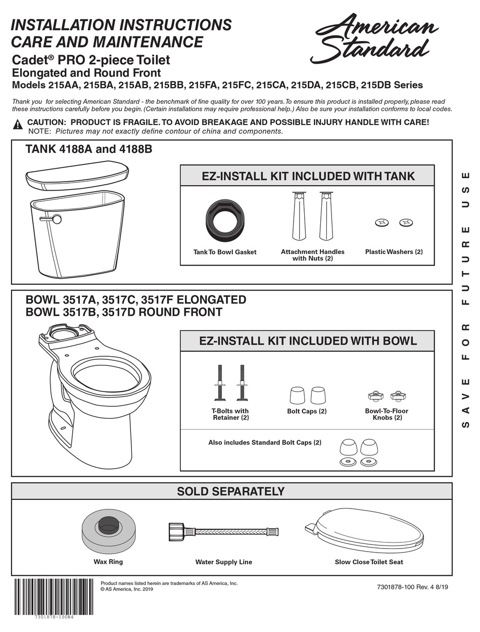 AMERICAN STANDARD CADET PRO 215BA SERIES INSTALLATION INSTRUCTIONS Pdf