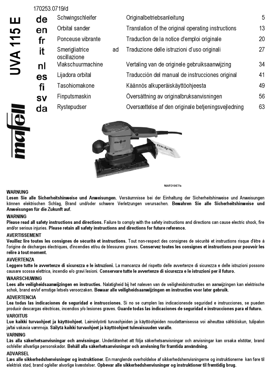 MAFELL UVA 115 E TRANSLATION OF THE ORIGINAL OPERATING INSTRUCTIONS Pdf ...