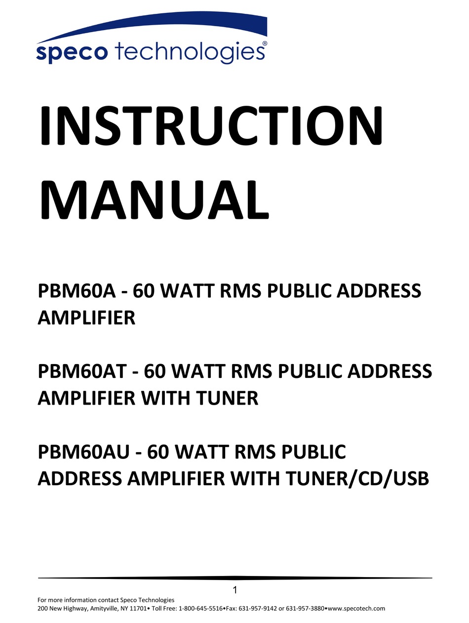 SPECO PBM60AT INSTRUCTION MANUAL Pdf Download ManualsLib