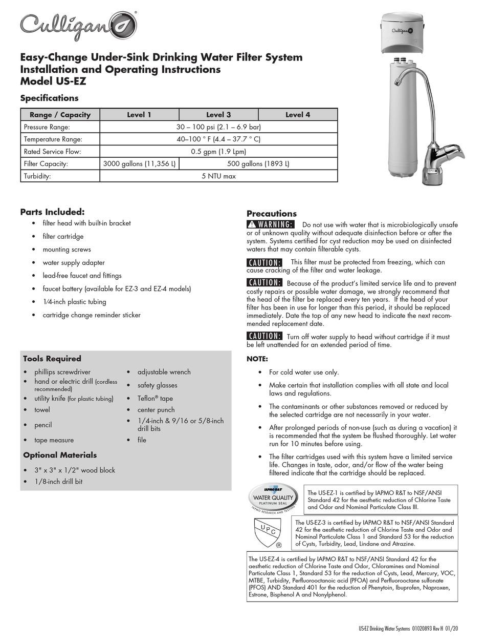 CULLIGAN USEZ INSTALLATION AND OPERATING INSTRUCTIONS MANUAL Pdf