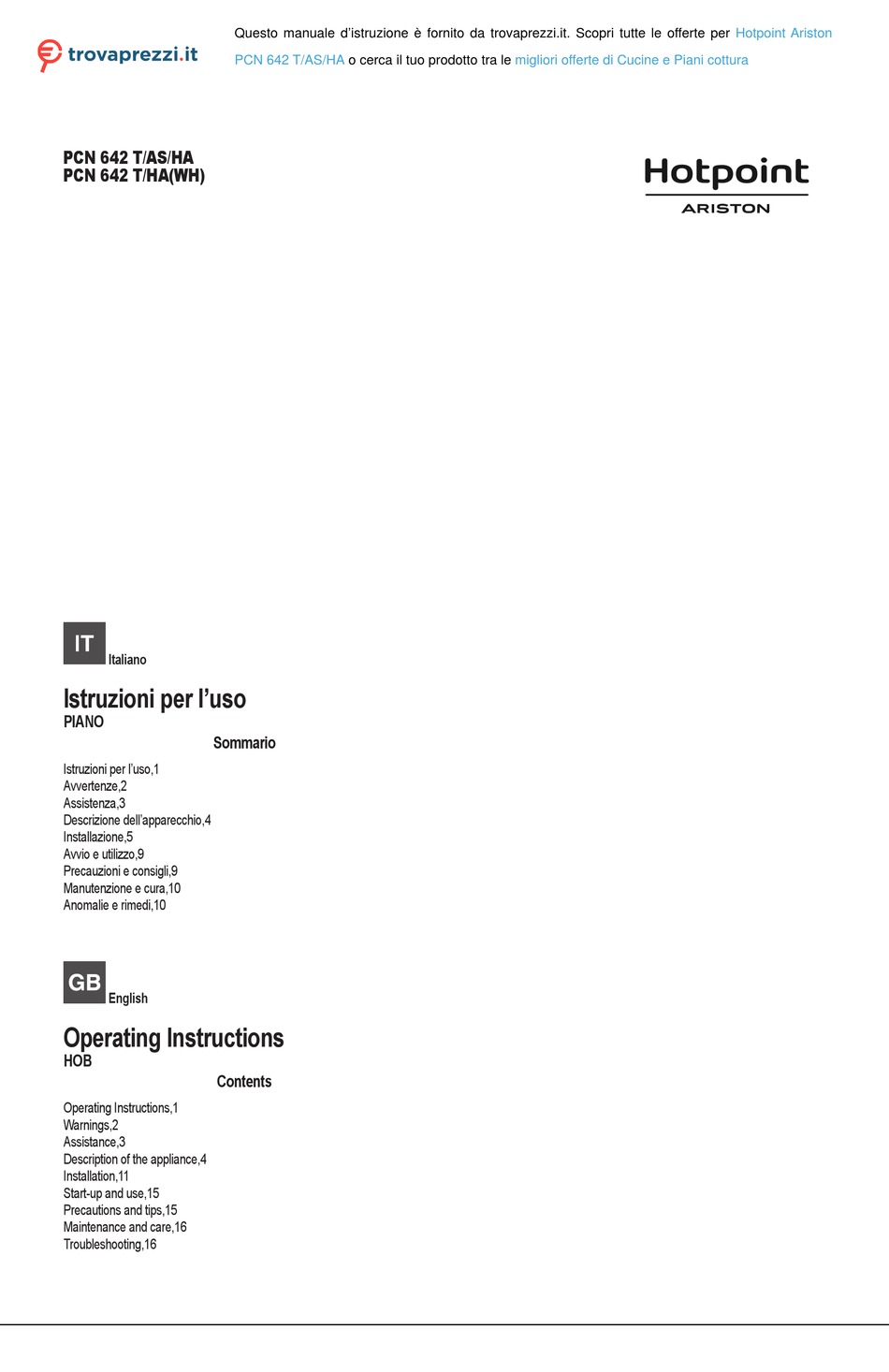 HOTPOINT ARISTON PCN 642 T/AS/HA OPERATING INSTRUCTIONS MANUAL Pdf ...