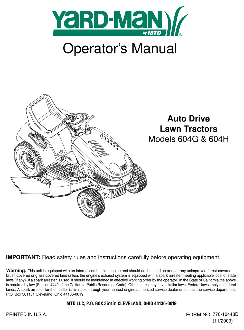 MTD YARD-MAN 604G OPERATOR'S MANUAL Pdf Download | ManualsLib