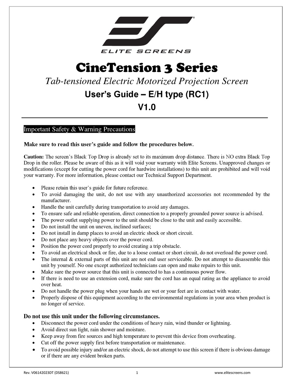 ELITE SCREENS 3 SERIES USER MANUAL Pdf Download ManualsLib