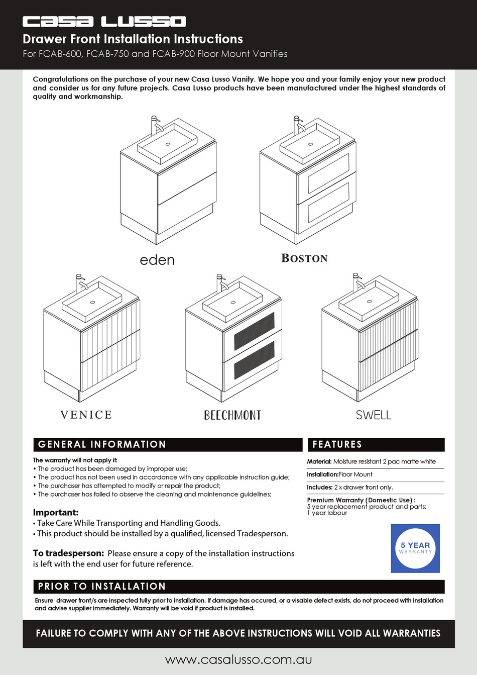 CASA LUSSO FCAB600 INSTALLATION INSTRUCTIONS Pdf Download ManualsLib