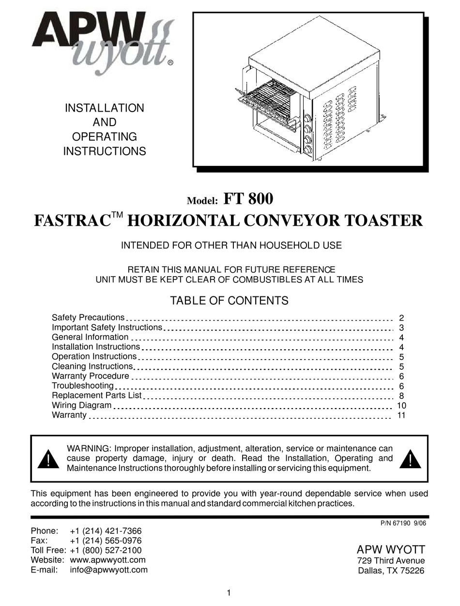 APW WYOTT FASTRAC FT 800 INSTALLATION AND OPERATING INSTRUCTIONS MANUAL