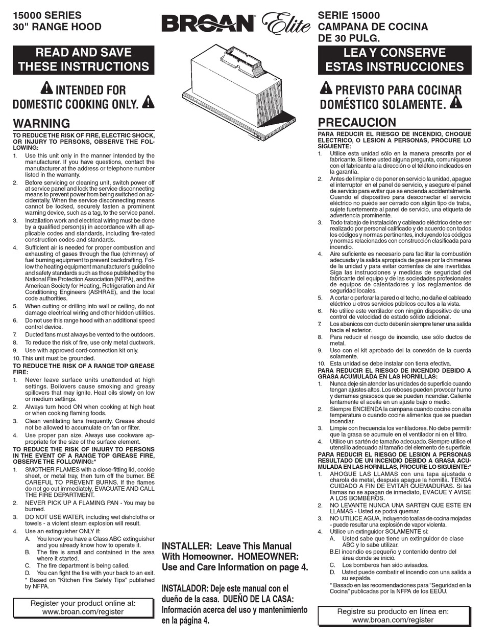 BROAN ELITE 15000 SERIES INSTRUCTIONS MANUAL Pdf Download ManualsLib