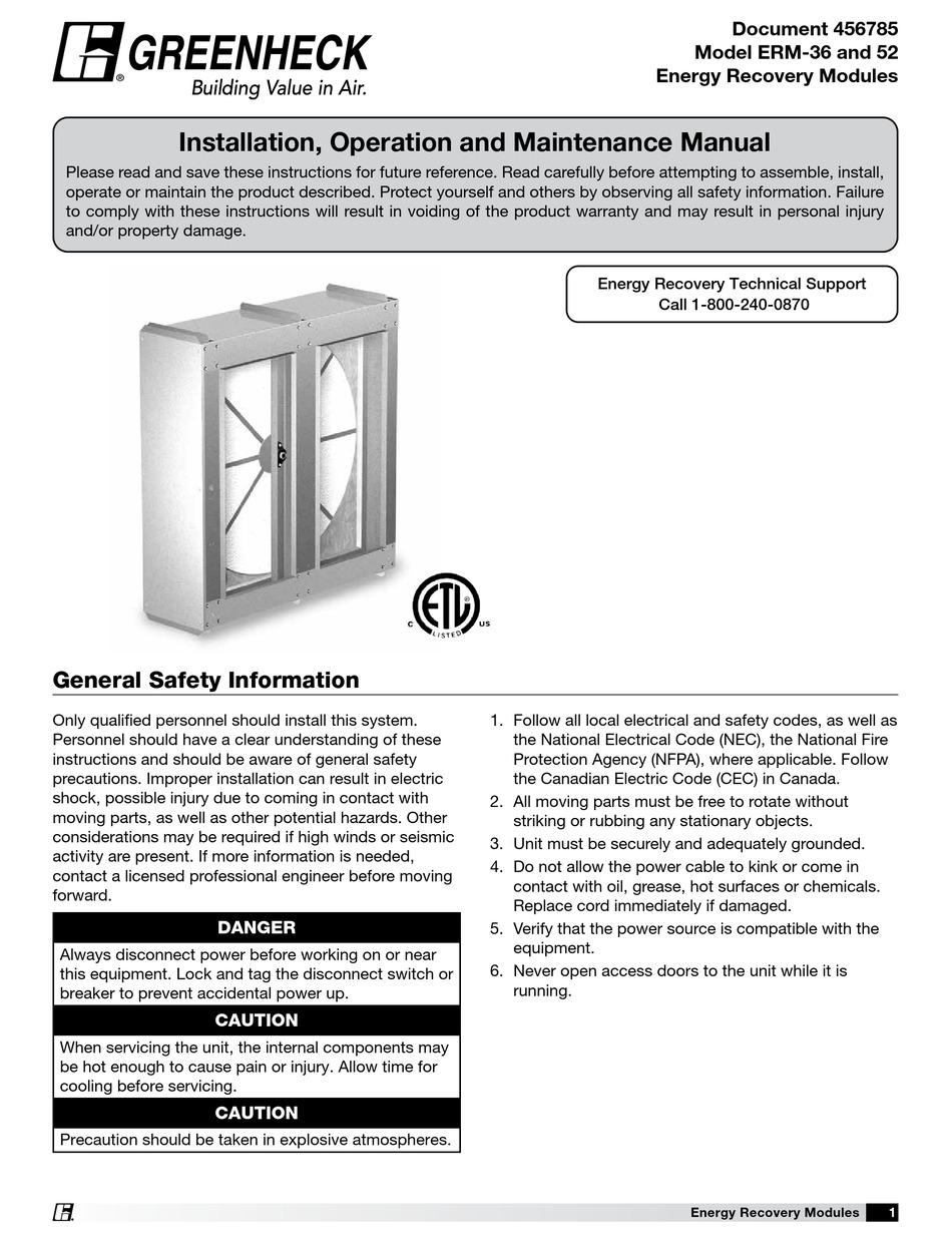 GREENHECK ERM52 INSTALLATION, OPERATION AND MAINTENANCE MANUAL Pdf